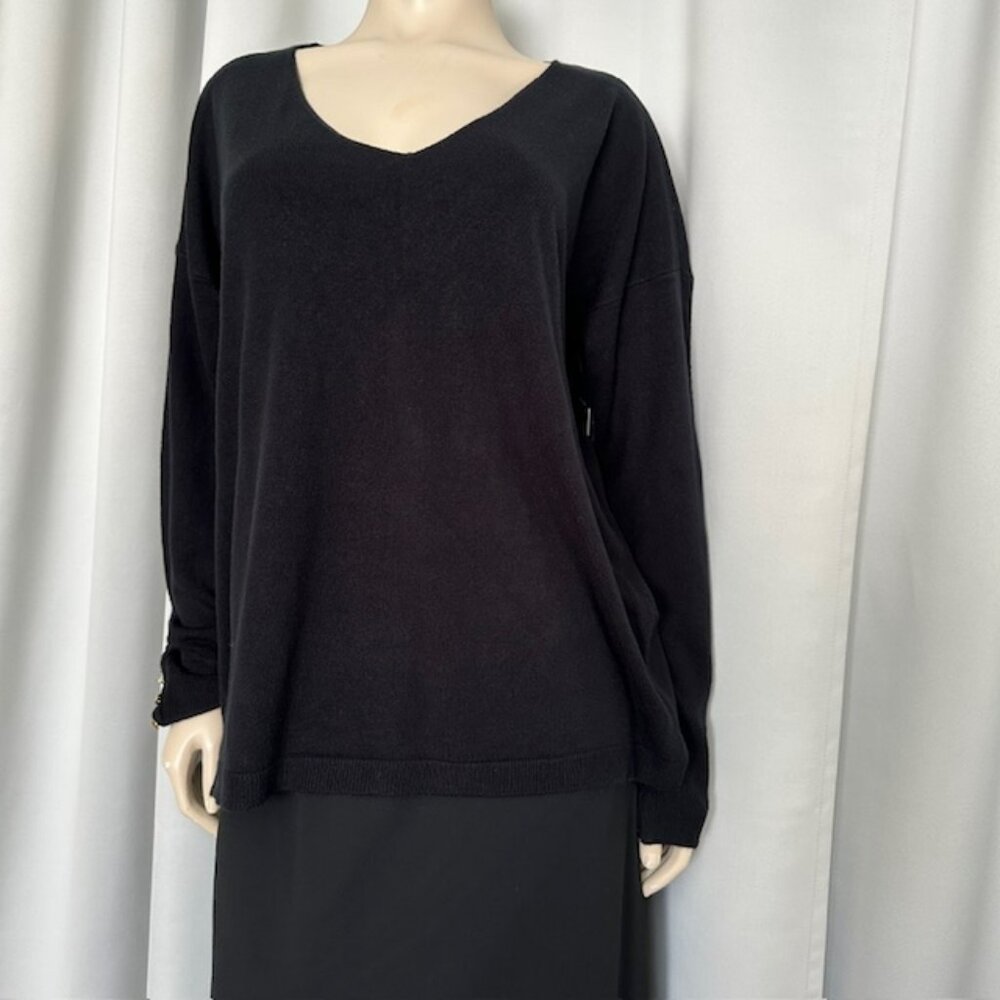 NWT JustFabulous Pullover V Neck Black Sweater Button detail on sleeve Size XXL